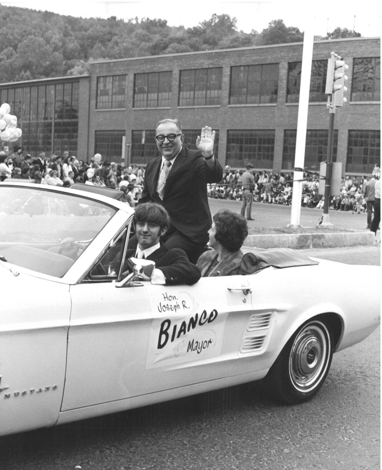 North Adams Mayor Joseph Bianco in his car during the 1971 Fall Foliage Parade.